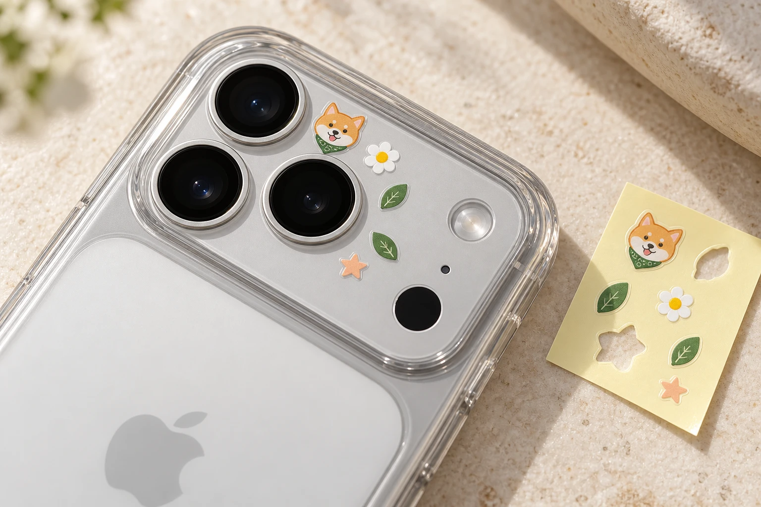 สติ๊กเกอร์ชิบะ ใบไม้ และดอกไม้ดวงเล็กบนเคส iPhone 17 Pro Max ระหว่างเลนส์กับแฟลช โดยเว้นช่องเปิดทั้งหมด