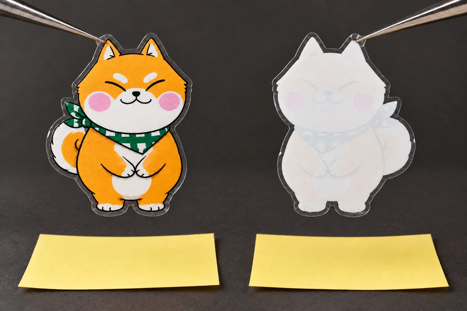 PVC ใสเงา ผิวหมึกด้าน ด้านหลังรองขาวและกระดาษรองเหลือง